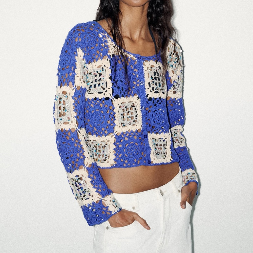Zara Crochet Knit Granny Square Sequin Sweater Cardigan